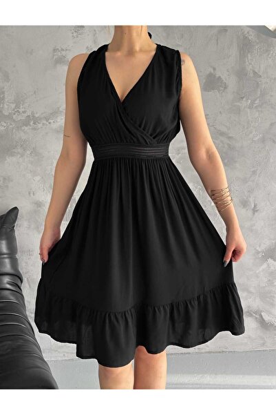 ahanora فستان نسائي صيفي بياقة مزدوجة الصدر وخصر مطاطي من قماش الفيسكوز (لون)