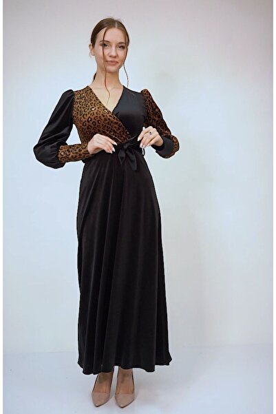 rengastyle Дамска рокля с колан от внесен кадифен плат с леопардов принт