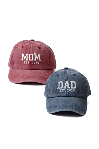 Nome Studio Nakışlı 2026 Bordo-Mavi Mom Dad Şapka 2li paket Anne Baba Yıkamalı Kumaşlı Şapka Pamuklu Ayarlı