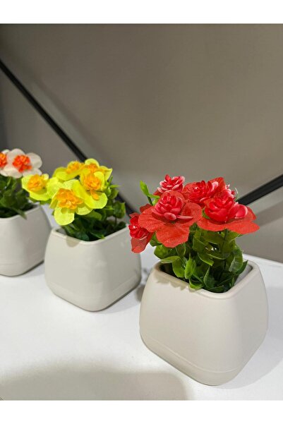 La bella bazar Küçük Boy Saksıda Yapay Çiçek Bitki 3 Adet, Gerçekçi Yapay Çiçek Masa Dekoru