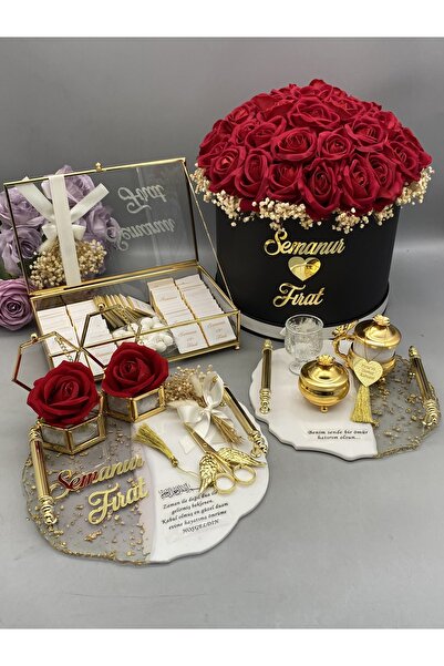 gifthomeshop İsteme Seti 4'lü - Söz / Nişan Ve Damat Kahve Tepsisi, 41'li Kadife Gül Buketi Ve Gold Çikolata Kutu