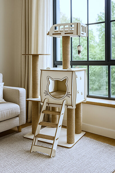 Patihomes Çok Katlı Kedi Tırmalama Oyun Evi Kedi Tırmalaması Bej