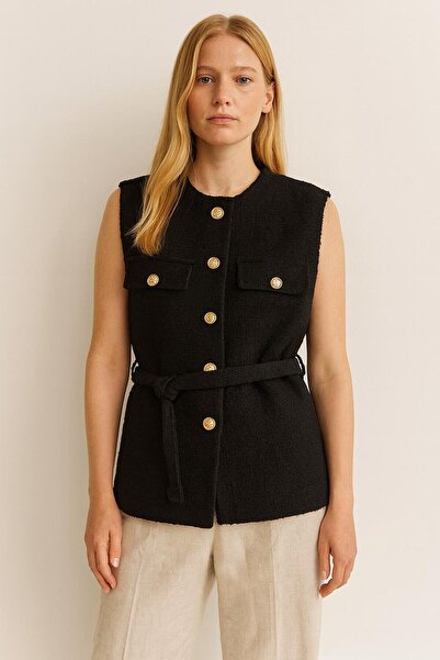 CEK mağazacılık Kadın Siyah Kuşaklı Gold Düğmeli Tüvit Yelek