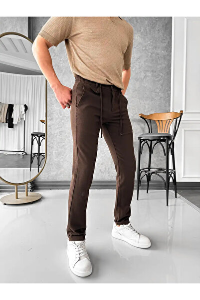 MODEFENDİ Erkek Kahverengi İp ve Düğme Detaylı %100 Gofre Kumaş Jogger Pantolon