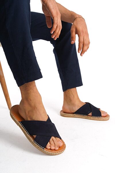 Mubiano Справжня шкіра Літні чоловічі замшеві еспадрильї з перехресними ремінцями та джутовою підошвою, темно-сині -MSSR5959-LCV