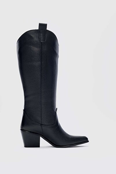 selin shoes Amaya Gerçek  Deri Kadın Çizme- SİYAH