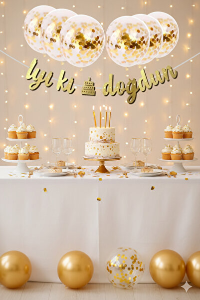 Deniz Party Store Gold Konfetili Şeffaf Balon Gold Iyi Ki Doğdun Kaligrafi Yazı