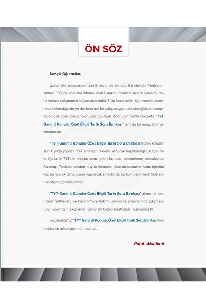 paraf yayınları TYT TARİH GARANTİ KONULAR ÖZET BİLGİLİ SORU BANKASI