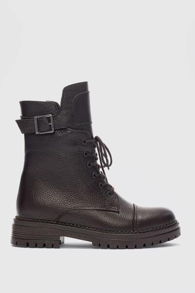 selinshoes Fallon Hakiki Deri Toka Detaylı Kadın Bot - KAHVERENGİ