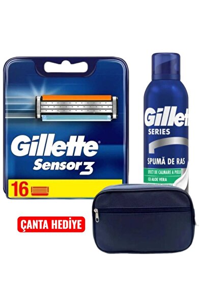 Gillette Sensor 3 16 Adet Yedek Tıraş Bıçağı , Köpük , Vegan Seyahat Çantası