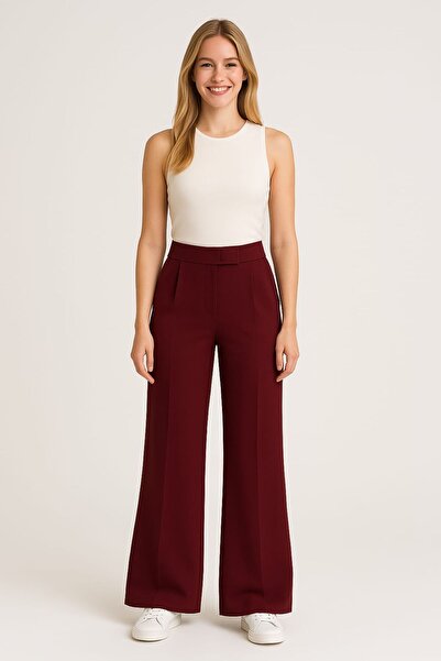 enmodaiçgiyim PRET PROMOȚIONAL Pantaloni Palazzo cu talie înaltă din Lycra, cu închidere cu velcro, pentru femei, roșu burgundă