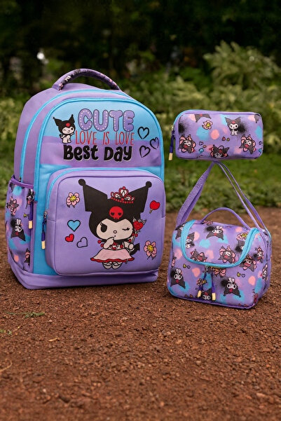 Çanta Trend 3’Lü İlkokul Kuromi Baskılı Lila, Kız Çocuk Beslenmeli Ve Kalemli...