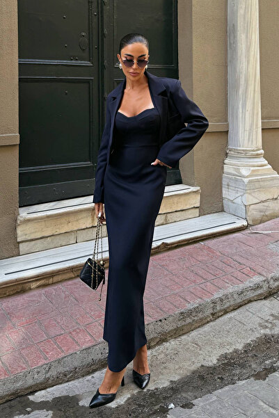 Ortaya Çık Lacivert Tasarım Crop Ceket Elbise İkili Takım