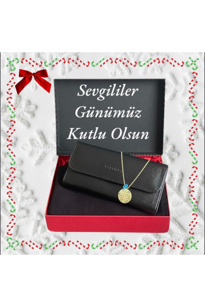 Carlino Sevgililer Günü Kadın Cüzdan - Penye Şal - Yaşam Çiçeği Kolye Siyah H...