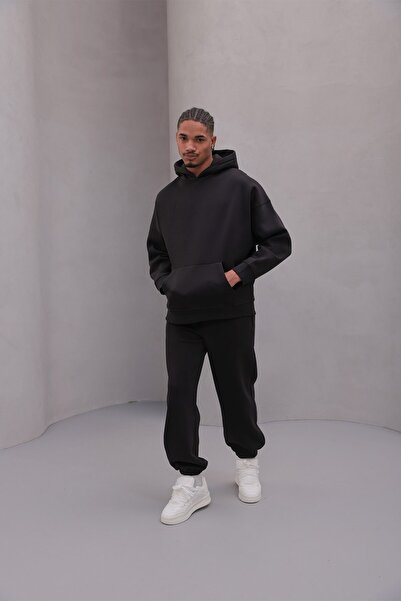 The Champ Clothing Ανδρικό σετ αθλητικής φόρμας Oversize Μαύρο – Basic, 3-κλωνο φλις με ανάλαφρο χρώμα; Φούτερ με κουκούλα, ελαστικό κάτω μέρος