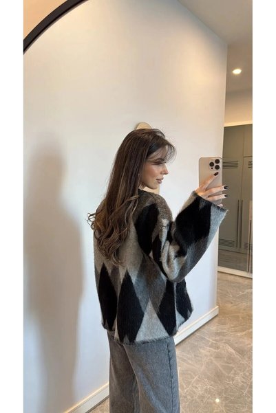 ASEZ BUTİK ZERAFETİN ADRESİ Oversize Patterned Soft Textured Cardigan - Gray & Black