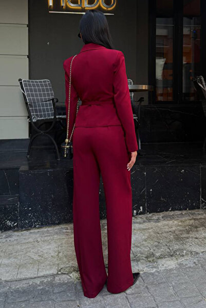 Ortaya Çık Burgundy Belt Detailed Jacket Pants Women's Suit