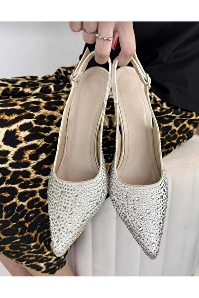 Mira style Блестящи кристални бежови камъни (9 см) вечерни обувки с ток