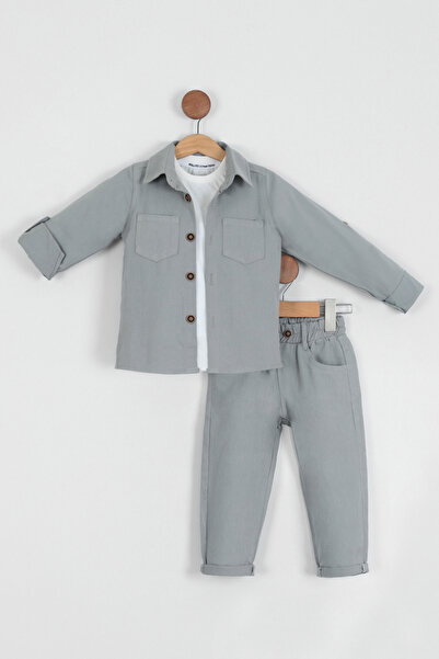 Pollito Boy's Cotton Shirt T-shirt Trousers 3-Piece Bottom Top Set