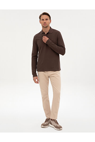 Pierre Cardin Koyu Kahverengi Slim Fit Kıvrılmaz Polo Yaka Basic Pike Sweatshirt 50314048-VR084