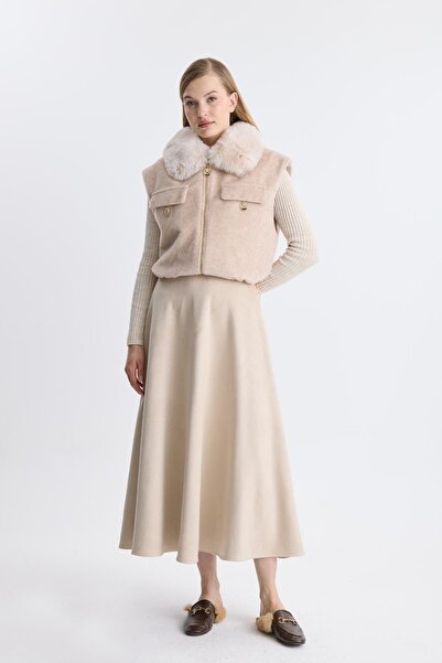 Safgiyim44 Fur Collar Cashmere Short Vest Beige