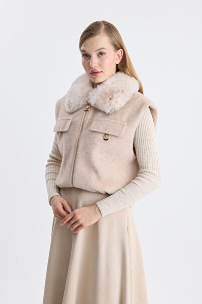 Safgiyim44 Fur Collar Cashmere Short Vest Beige