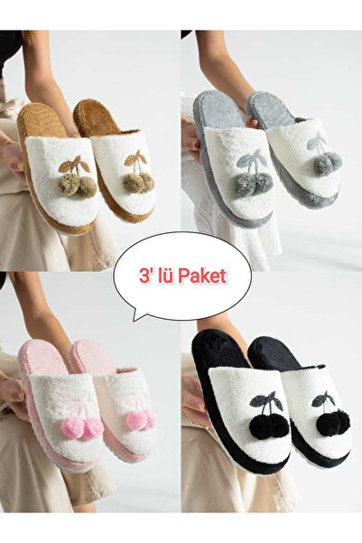 Moda Devrin 3'lü Paket Kiraz Kışlık Kadın Terlik Çeyiz Bohça Seti