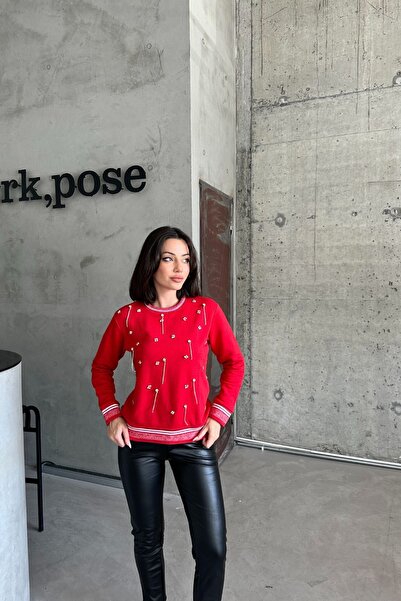 XRAY JEANS Sweat roșu pentru femei cu guler rotund, cu pietre, Relax Fit