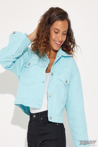 XRAY JEANS Kadın Düğmeli Kısa Polo Yaka Cepli Mavi Kot Ceket