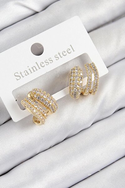 Vitastyle أقراط نسائية من الفولاذ 316L مع حجر الزركون، تصميم منحني بلون ذهبي