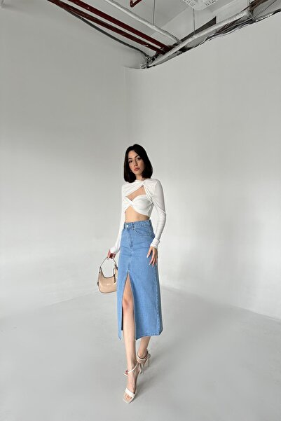 XRAY JEANS Kadın Pamuklu Yırtmaçlı Uzun Buz Mavi Kot Etek