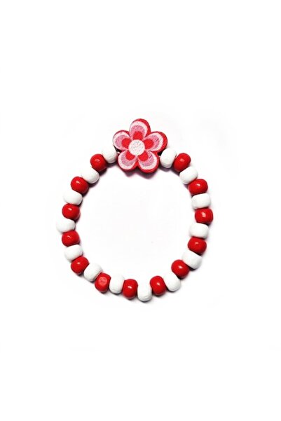 Wild Bracelets Bratara copii elastica, cu charm floricica rosie si margelute din lemn