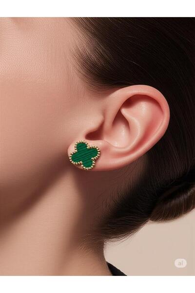 magische Gold Renk Yeşil Taşlı Yonca Desen Kadın Küpe