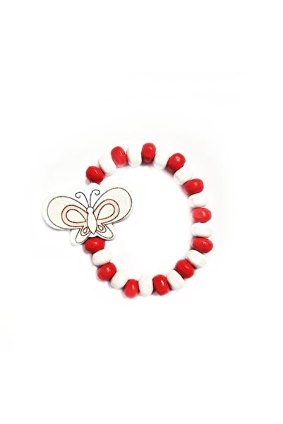 Wild Bracelets Bratara copii elastica, cu charm fluturas alb cu roz si margelute din lemn, model 9