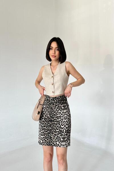 XRAY JEANS Fusta mini neagră leopard din bumbac, cu nasturi, pentru femei