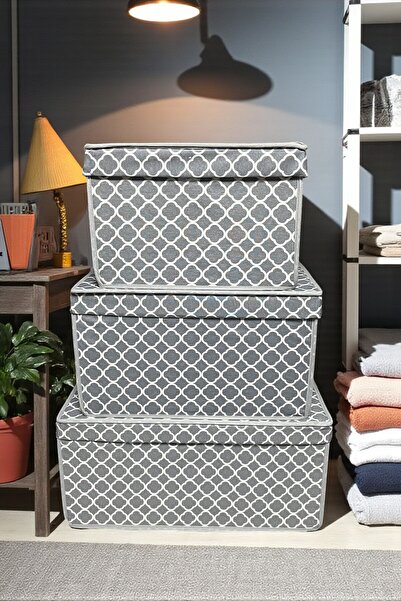 VAYBE Set of 3 Room Collector, Room Organizer, Toy Box, Makeup Box, Purchaser, Chain Patterned Gray