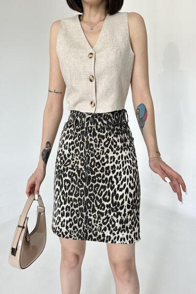 XRAY JEANS Fusta mini neagră leopard din bumbac, cu nasturi, pentru femei