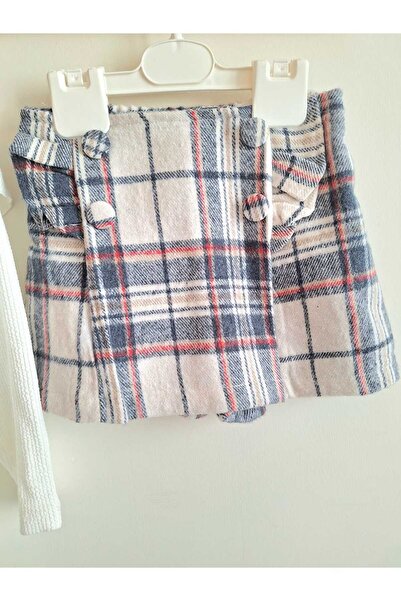 Nimini Kids Plaid Patterned Ruffle Detail Badili Shorts Skirt Girls' Top and Bottom Set (3-8 Years Old)
