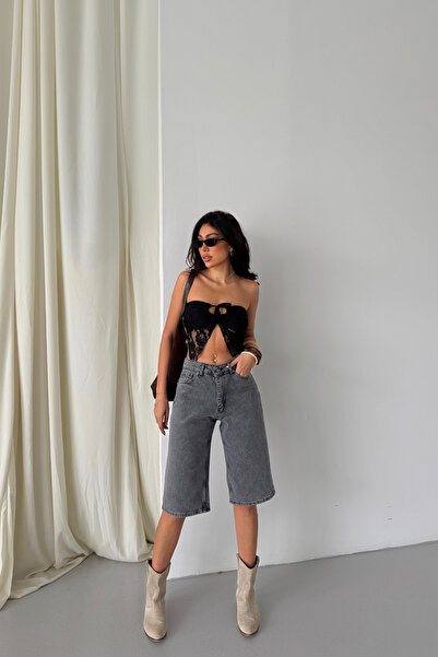 XRAY JEANS Women's High Waist Midi Knee Length Smoked Denim Shorts with Pockets