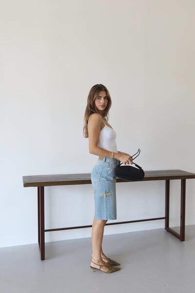 XRAY JEANS Kadın Yüksek Bel Midi Diz Boy Cepli Mavi Kot Şort