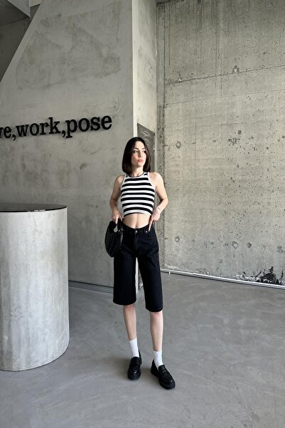 XRAY JEANS Kadın Yüksek Bel Bol Diz Boy Cepli Siyah Kot Şort