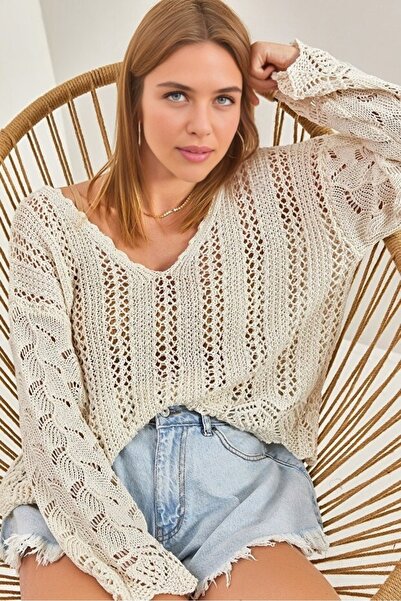 Cloudy Kids Pulover de damă ajurat cu decolteu în V