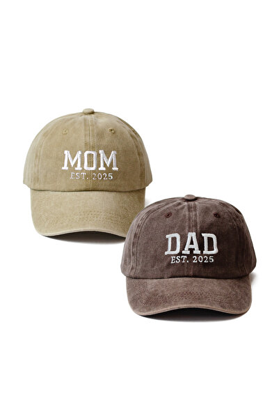 Nome Studio Nakışlı 2025 Bej-Kahve Mom Dad Şapka 2li paket Anne Baba Yıkamalı Kumaşlı Şapka Pamuklu Ayarlı
