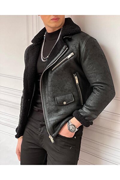MODEFENDİ Erkek Siyah Napa Premium Dokulu İçi Tamamen Kürklü Deri Mont Ceket