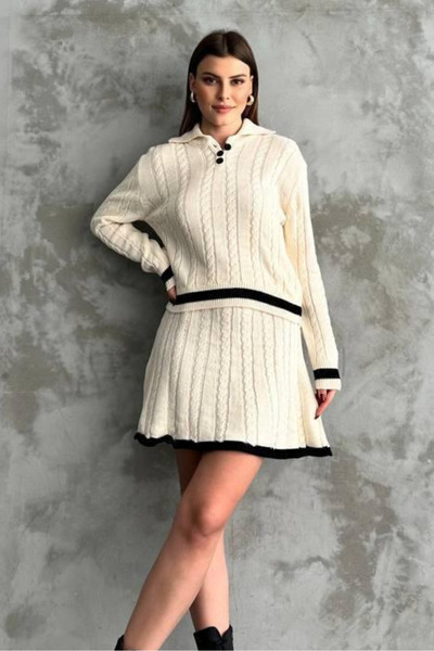 macharel jeans Women's Polo Neck Skirted Knitwear Set Sweater/Skirt