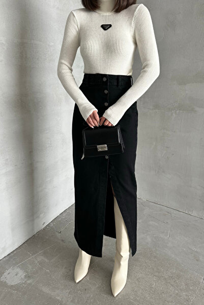 XRAY JEANS Fusta de denim neagră, lungă, până la gleznă, cu fantă