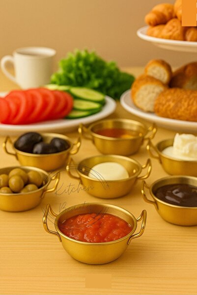 Kitchen Beauty Gold Kahvaltı Sunumluk Sosluk – Metal Çift Kulplu Dekoratif Mini Tabak Kase 1 adet (10cm)