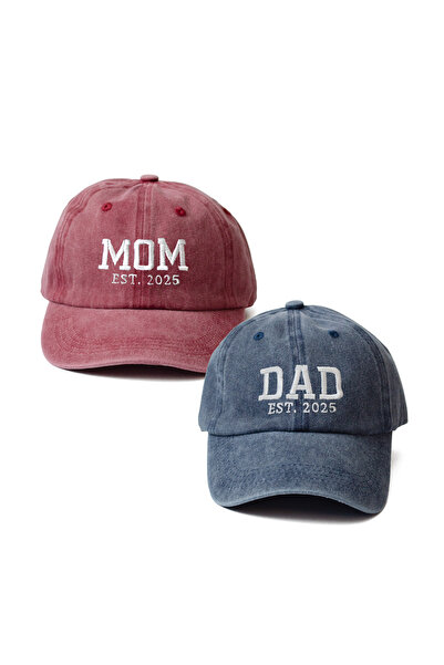 Nome Studio Nakışlı 2025 Bordo-Mavi Mom Dad Şapka 2li paket Anne Baba Yıkamal...