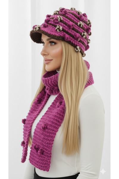 drt tasarım Uzun Atkı Kasket Şapka Takım Ponponella Lüks Seri Mürdüm Gri