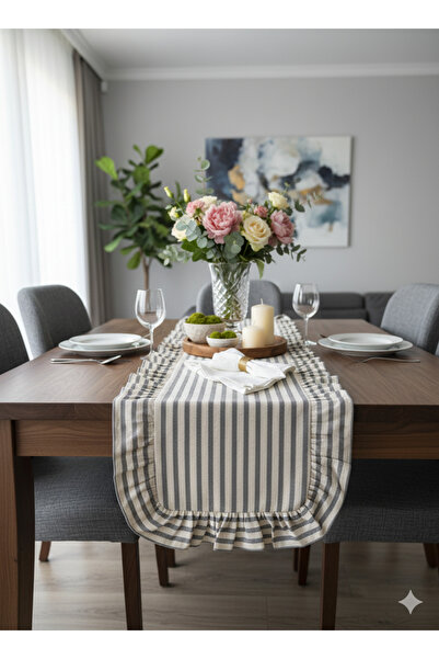 ELC TEKSTİL Buldan kumaş gri çizgili 40x100 runner